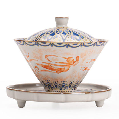 Ancient Elegance: Dunhuang Flying Apsaras San Cai Gaiwan Ru Kiln Inspired