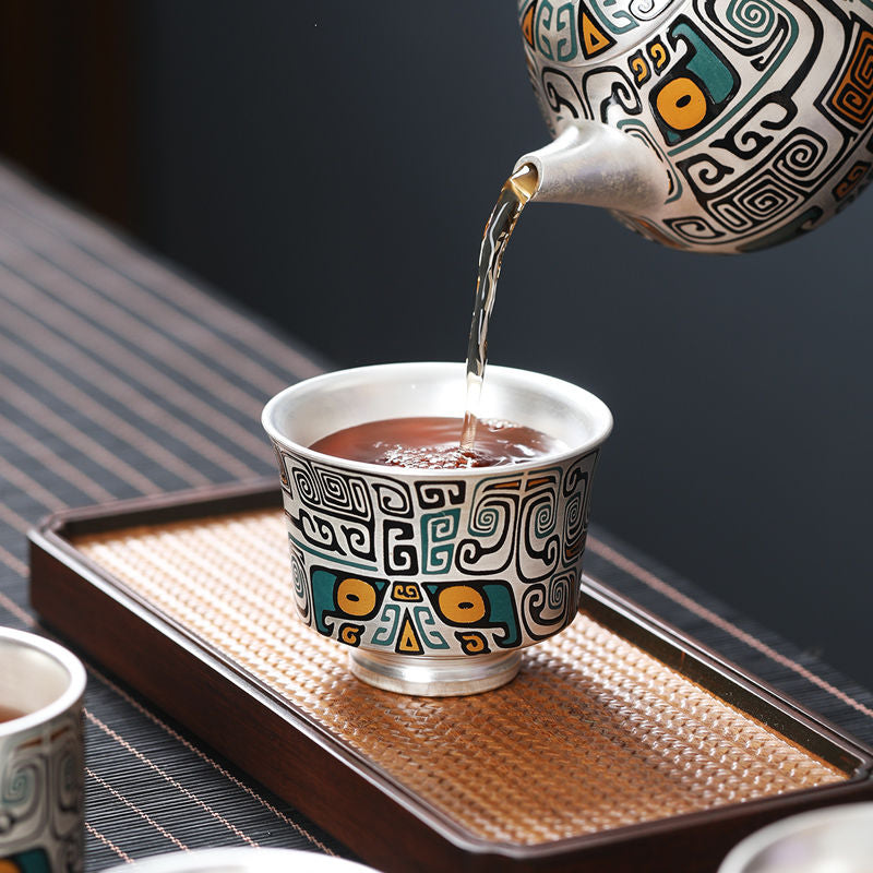 Luxurious Hand-Painted Gold and Silver Enamel Tea Cup for an Elevated Tea Experience