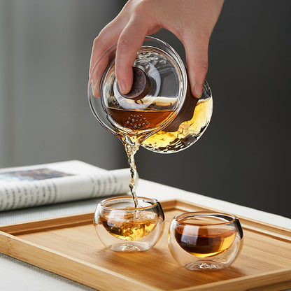 Premium heat-resistant glass tea set with built-in filter and wooden handle