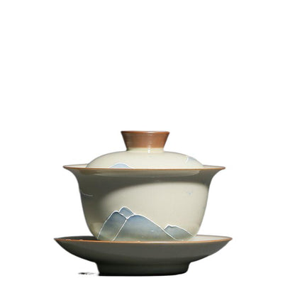 Embossed Far Mountain Cover Bowl - Elevate Your Tea Experience with Serenity and Style