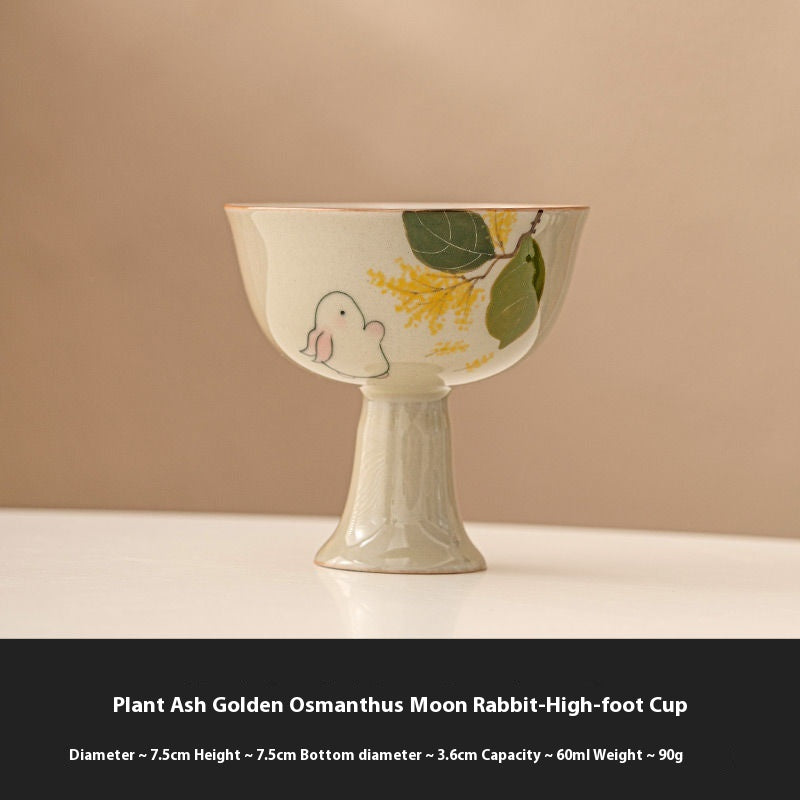 Handmade Wood Ash Glazed Ceramic Goblet - Elegant Tea Cup with Golden Osmanthus Design