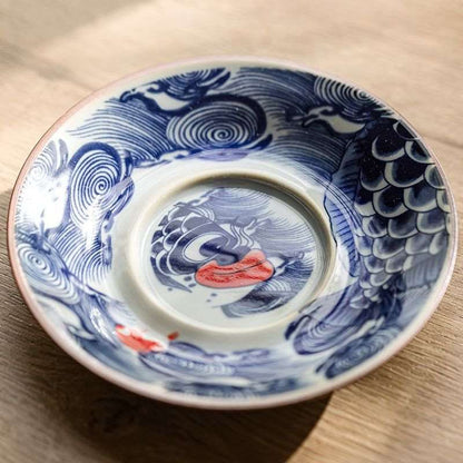 Antique Blue and White Dragon Fish Gaiwan - Elegant Ceramic Tea Set