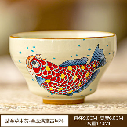 Master Artisan Ceramic Tea Cup - Handcrafted Elegance, Gilded Fish Motif, 170ml