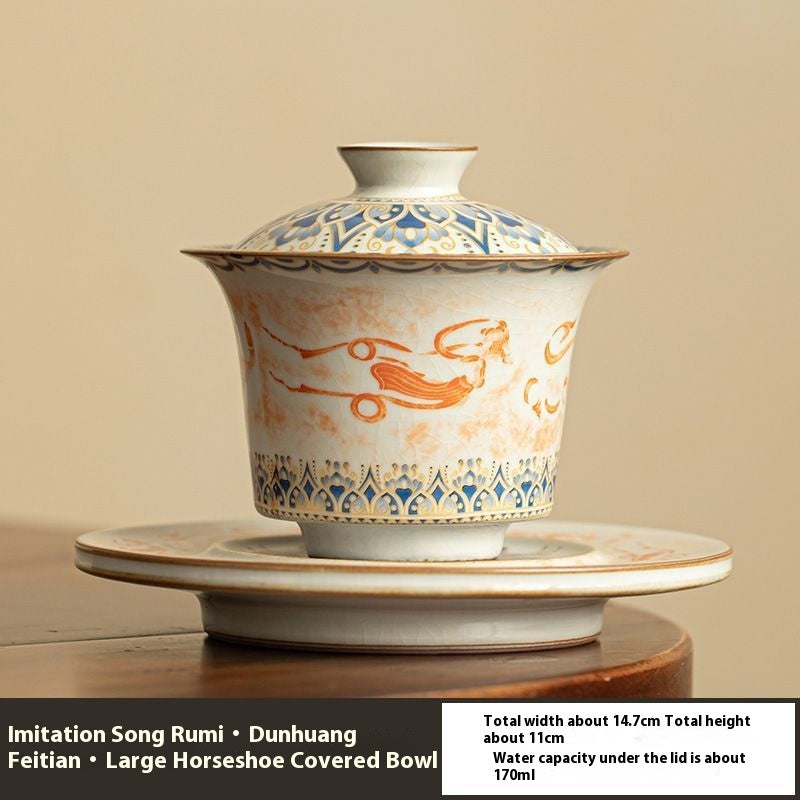 Ancient Elegance: Dunhuang Flying Apsaras San Cai Gaiwan Ru Kiln Inspired