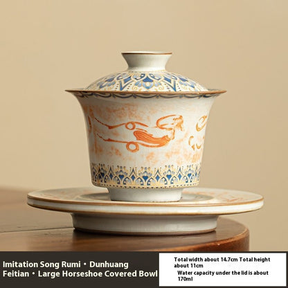 Ancient Elegance: Dunhuang Flying Apsaras San Cai Gaiwan Ru Kiln Inspired