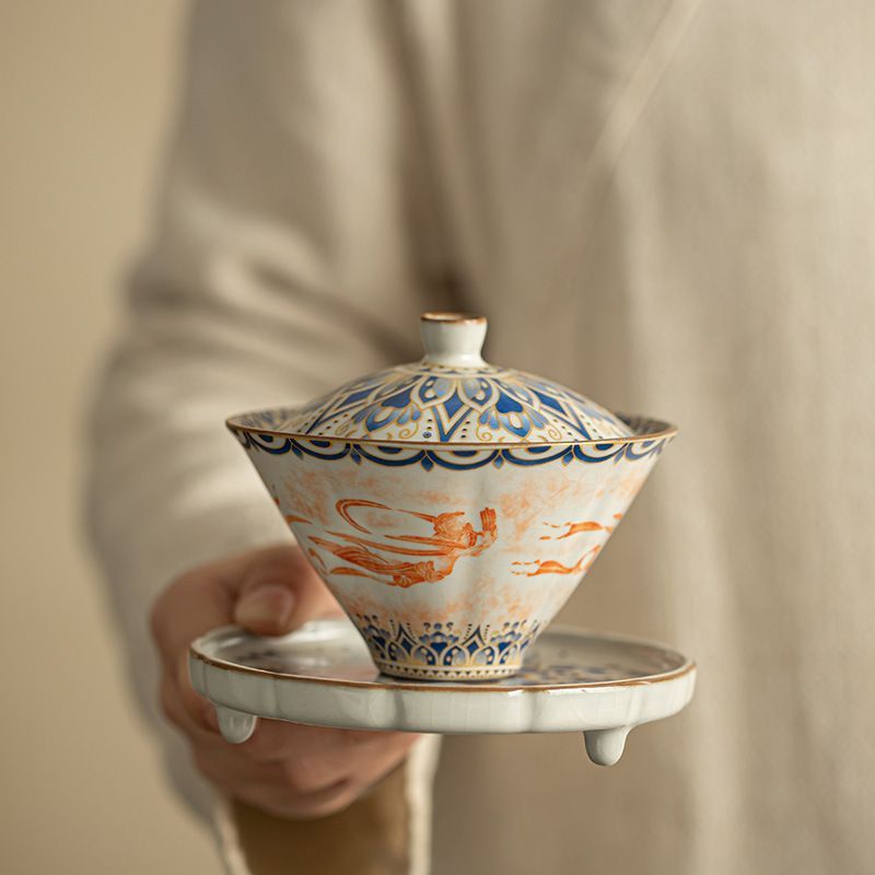 Ancient Elegance: Dunhuang Flying Apsaras San Cai Gaiwan Ru Kiln Inspired