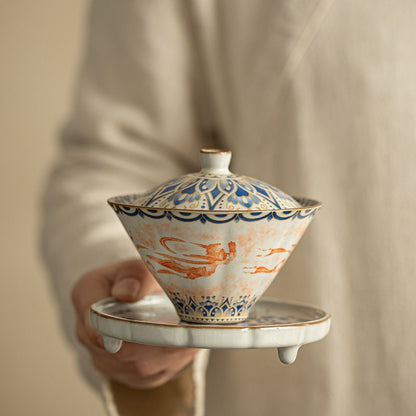 Ancient Elegance: Dunhuang Flying Apsaras San Cai Gaiwan Ru Kiln Inspired