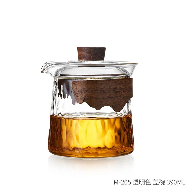 Premium heat-resistant glass tea set with built-in filter and wooden handle