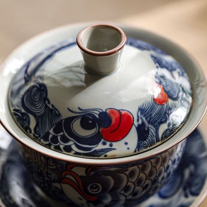 Antique Blue and White Dragon Fish Gaiwan - Elegant Ceramic Tea Set