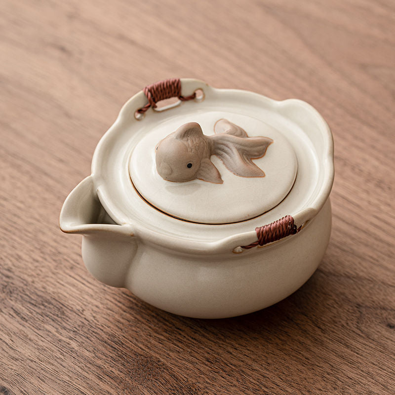 Elegant Beige Ru Kiln Teapot - Handcrafted Ceramic, Agate-Infused, 200ml