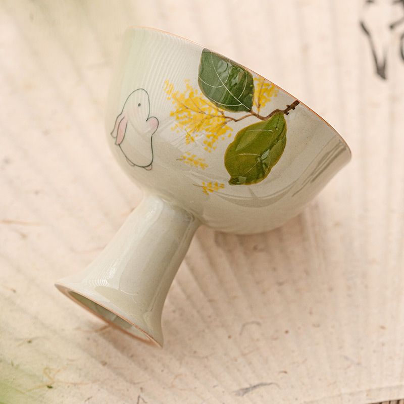 Handmade Wood Ash Glazed Ceramic Goblet - Elegant Tea Cup with Golden Osmanthus Design