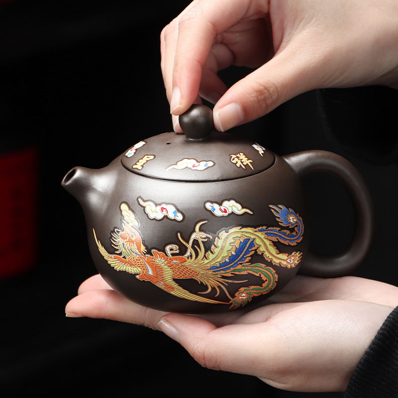 Dragon and Phoenix Purple Clay Teapot Set - Interactive Color Changing Design