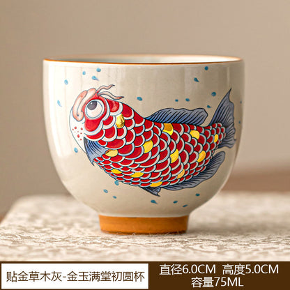 Golden Jade Prosperity Dragon Fish Teacup: Handcrafted Ceramic Luxury with Gold Detailing