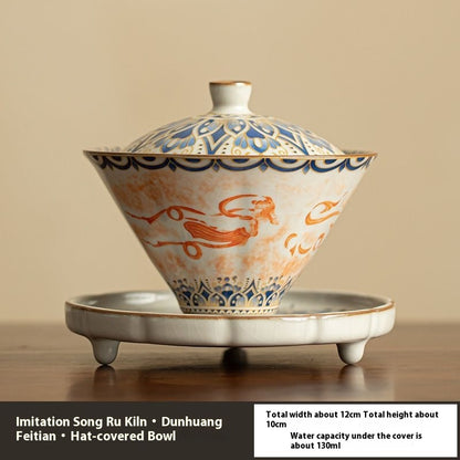 Ancient Elegance: Dunhuang Flying Apsaras San Cai Gaiwan Ru Kiln Inspired