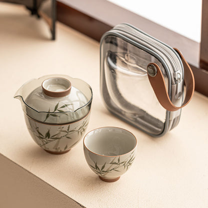 Hand-Painted Green Bamboo Travel Tea Set - Portable, Elegant, and Durable