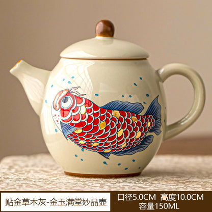 Handcrafted Ash Glaze Gold Dragonfish Teapot - Elegant and Durable Ceramic Teaware