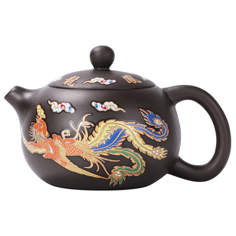 Dragon and Phoenix Purple Clay Teapot Set - Interactive Color Changing Design