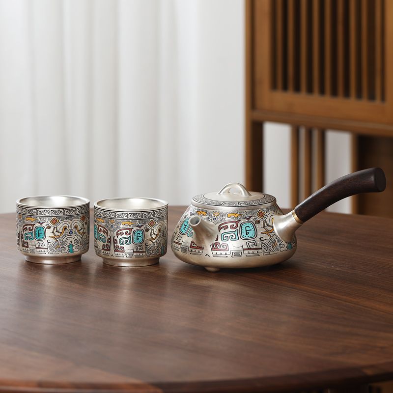 Luxurious 999 Silver Tea Set - Elegant Taotie Design, Perfect Gift