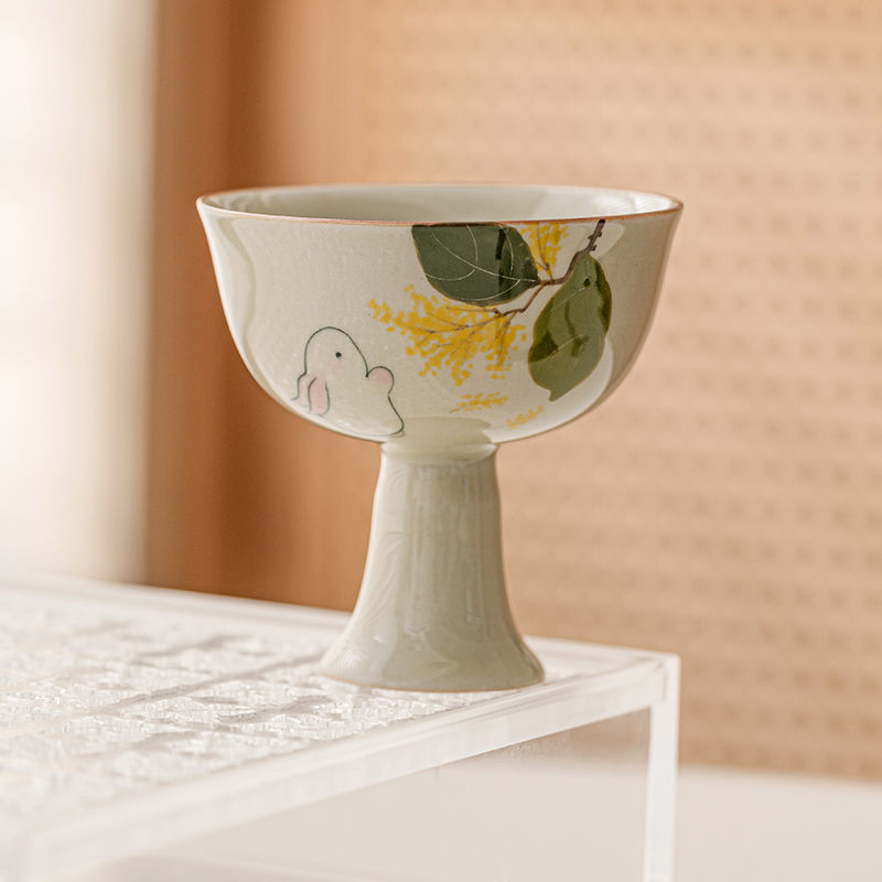 Handmade Wood Ash Glazed Ceramic Goblet - Elegant Tea Cup with Golden Osmanthus Design