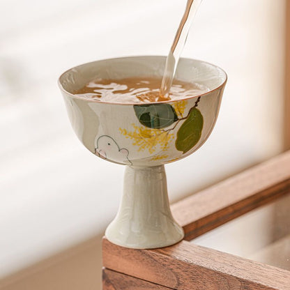 Handmade Wood Ash Glazed Ceramic Goblet - Elegant Tea Cup with Golden Osmanthus Design