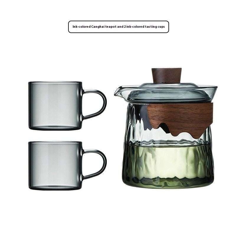 Premium heat-resistant glass tea set with built-in filter and wooden handle