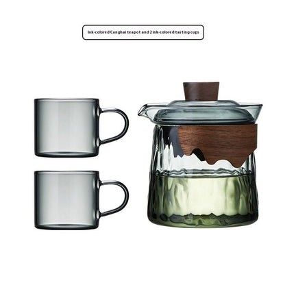 Premium heat-resistant glass tea set with built-in filter and wooden handle