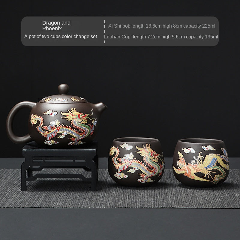 Dragon and Phoenix Purple Clay Teapot Set - Interactive Color Changing Design