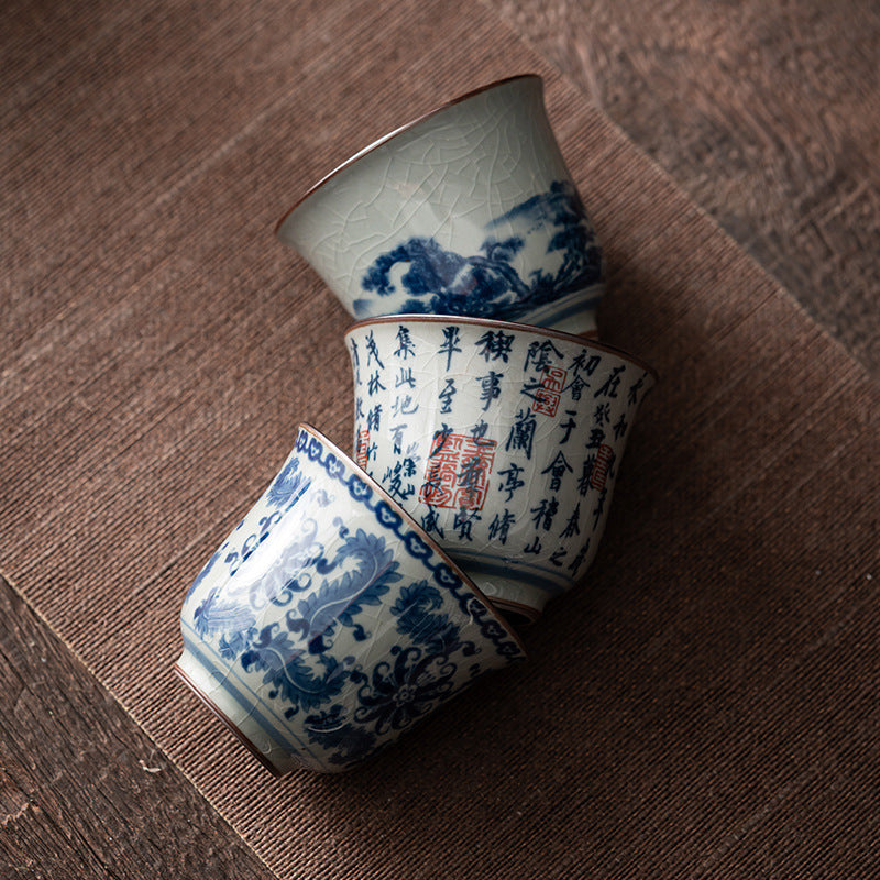 Antique Blue and White Ceramic Teacups: Hand-Painted Chinese Artistry