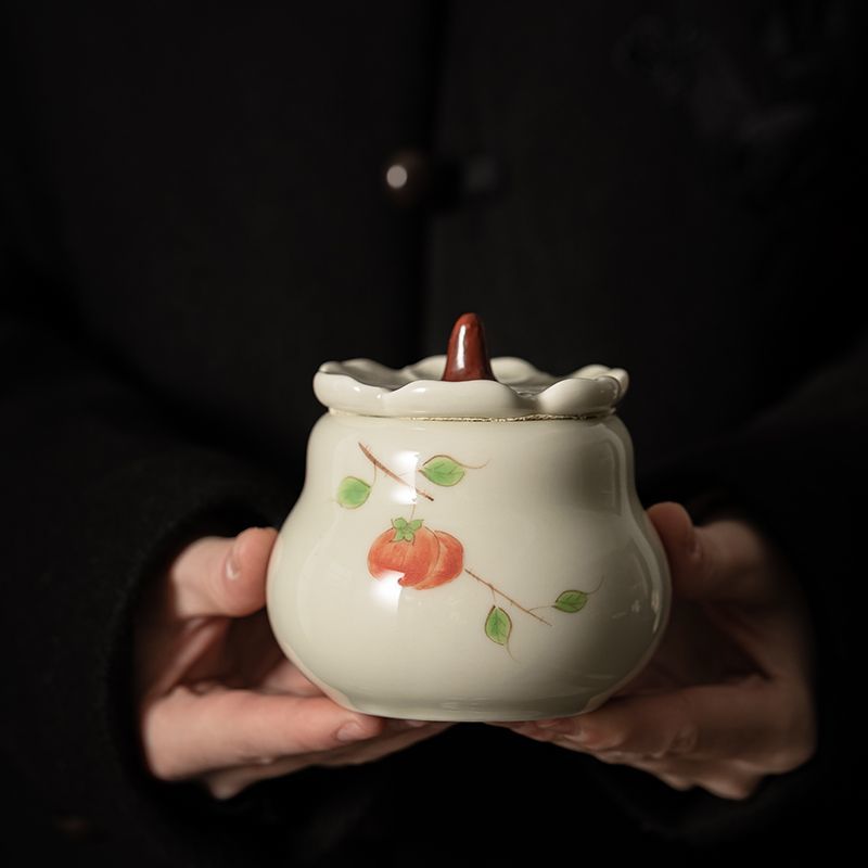 Hand-Painted Ceramic Persimmon Tea Caddy - Airtight 230ml Storage Jar