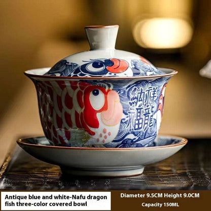 Antique Blue and White Dragon Fish Gaiwan - Elegant Ceramic Tea Set