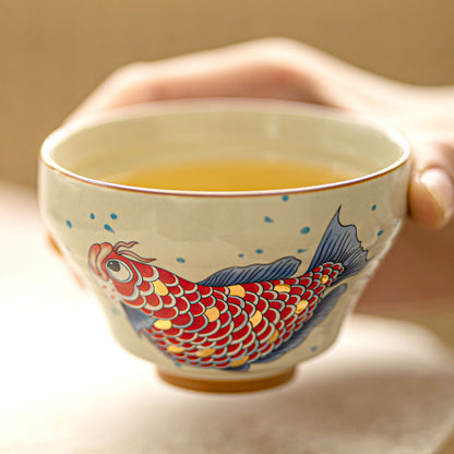 Master Artisan Ceramic Tea Cup - Handcrafted Elegance, Gilded Fish Motif, 170ml