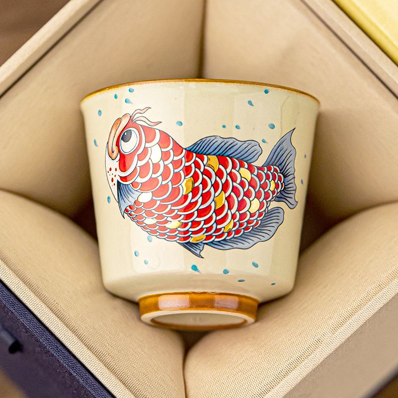 Golden Jade Prosperity Dragon Fish Teacup: Handcrafted Ceramic Luxury with Gold Detailing