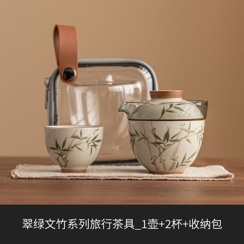 Hand-Painted Green Bamboo Travel Tea Set - Portable, Elegant, and Durable