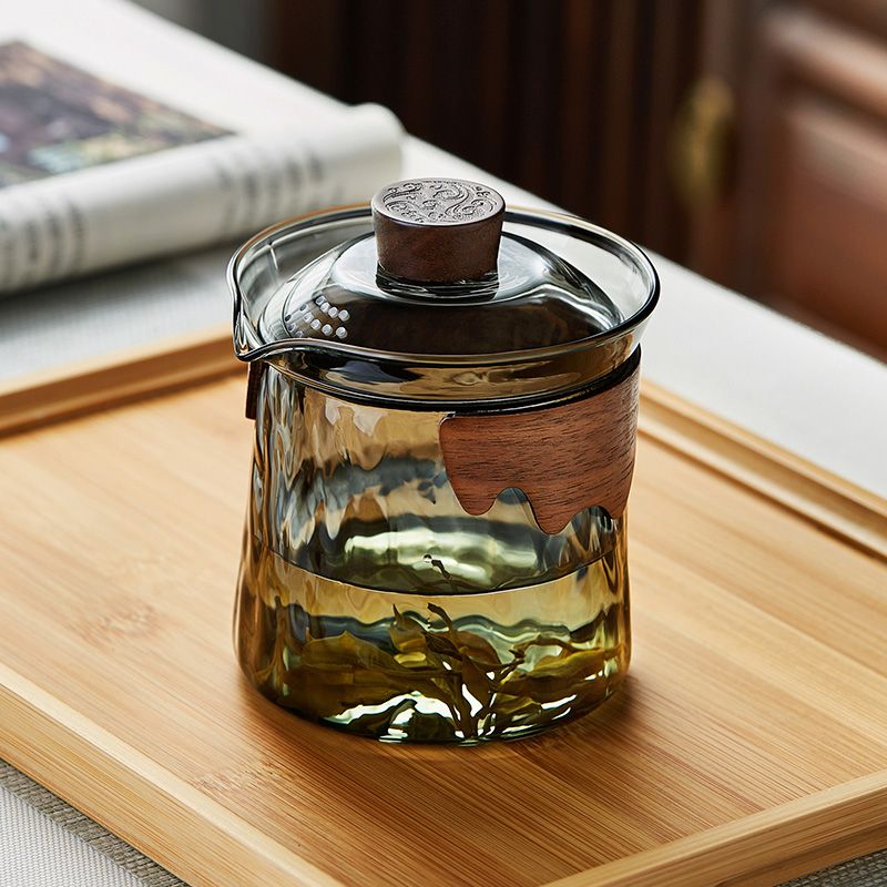 Premium heat-resistant glass tea set with built-in filter and wooden handle