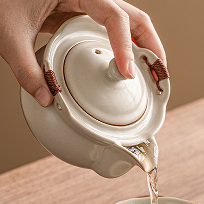 Elegant Beige Ru Kiln Teapot - Handcrafted Ceramic, Agate-Infused, 200ml