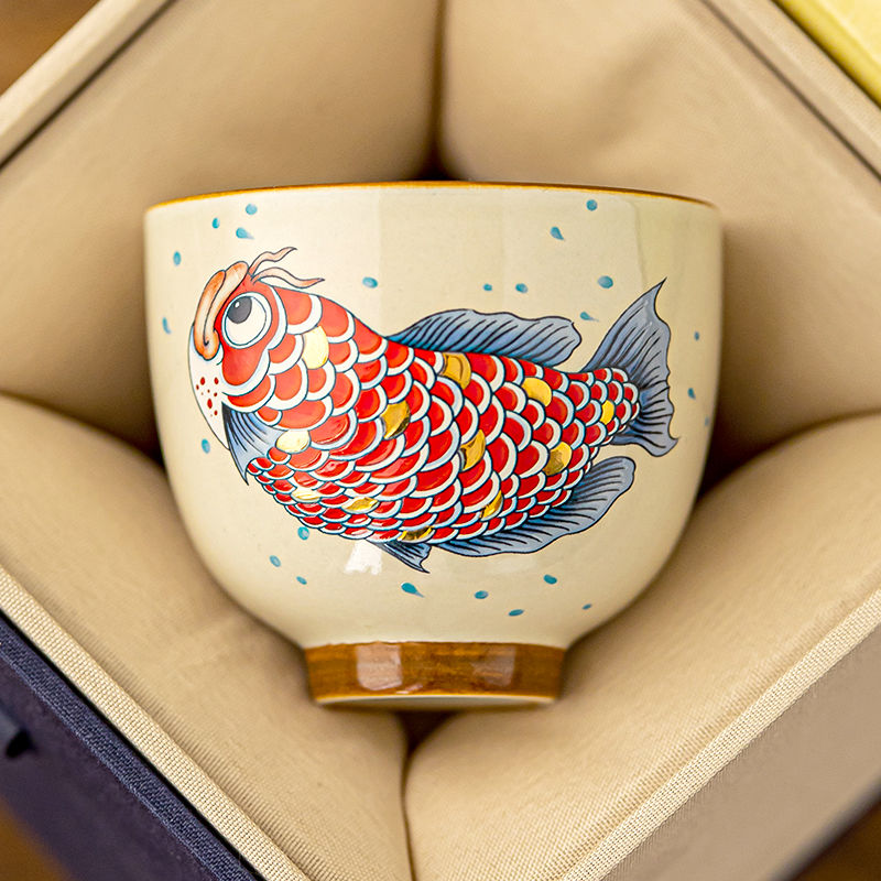 Golden Jade Prosperity Dragon Fish Teacup: Handcrafted Ceramic Luxury with Gold Detailing