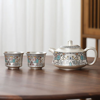 Luxurious 999 Silver Tea Set - Elegant Taotie Design, Perfect Gift