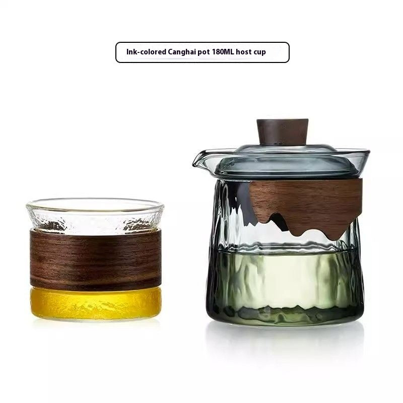 Premium heat-resistant glass tea set with built-in filter and wooden handle