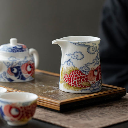 Luxurious jade porcelain gongfu tea set with elegant goldfish design