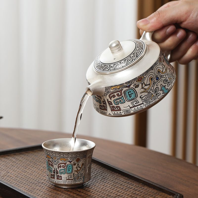 Luxurious 999 Silver Tea Set - Elegant Taotie Design, Perfect Gift