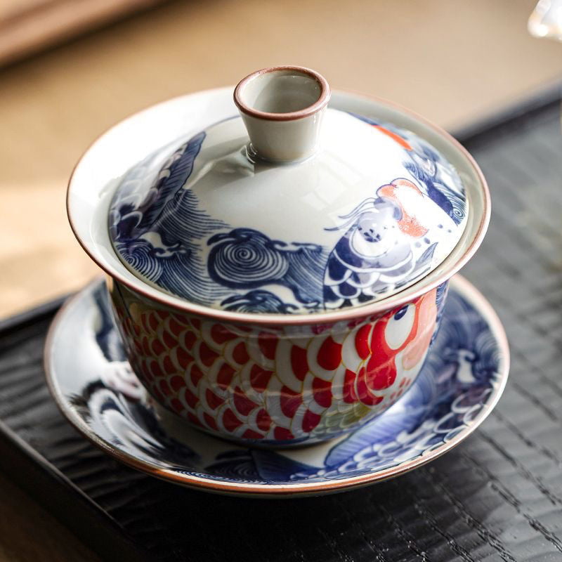 Antique Blue and White Dragon Fish Gaiwan - Elegant Ceramic Tea Set