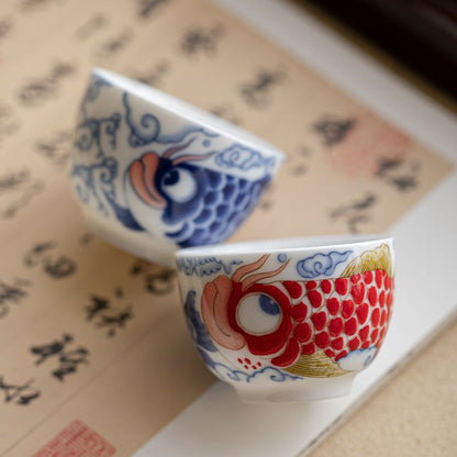 Exquisite "Sheep Fat Jade" Double Dragon Fish Tea Cup - Perfect Harmony in Every Sip