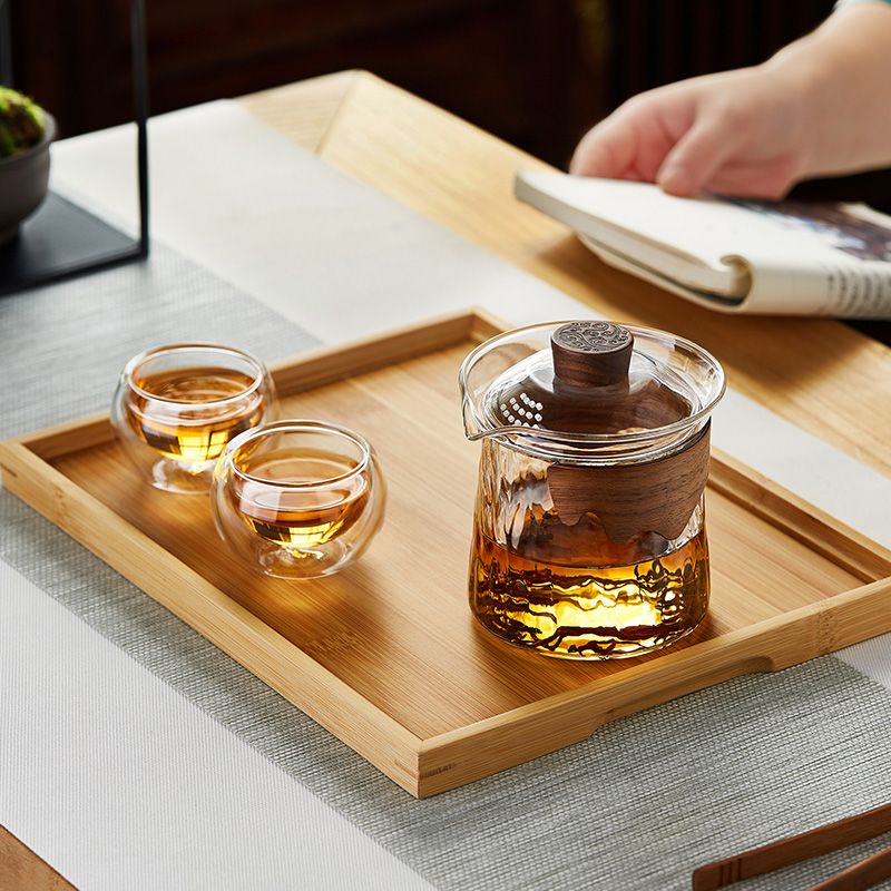 Premium heat-resistant glass tea set with built-in filter and wooden handle