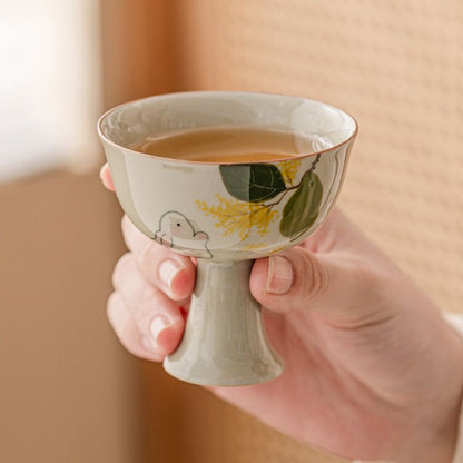 Handmade Wood Ash Glazed Ceramic Goblet - Elegant Tea Cup with Golden Osmanthus Design