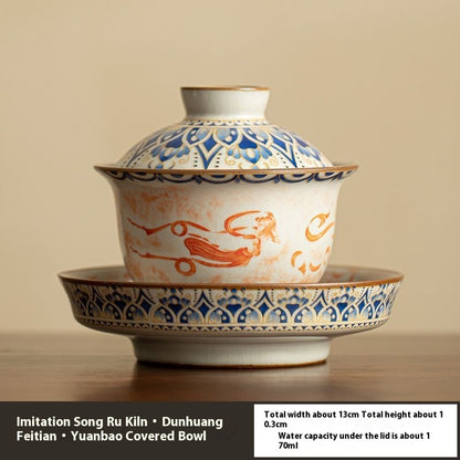 Ancient Elegance: Dunhuang Flying Apsaras San Cai Gaiwan Ru Kiln Inspired