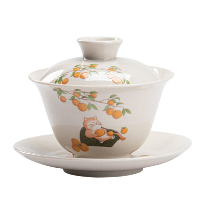 Elegant Handcrafted Ceramic Tea Set with Orange Cat Design - Perfect Gift