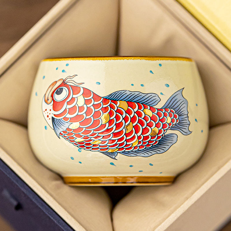 Golden Jade Prosperity Dragon Fish Teacup: Handcrafted Ceramic Luxury with Gold Detailing