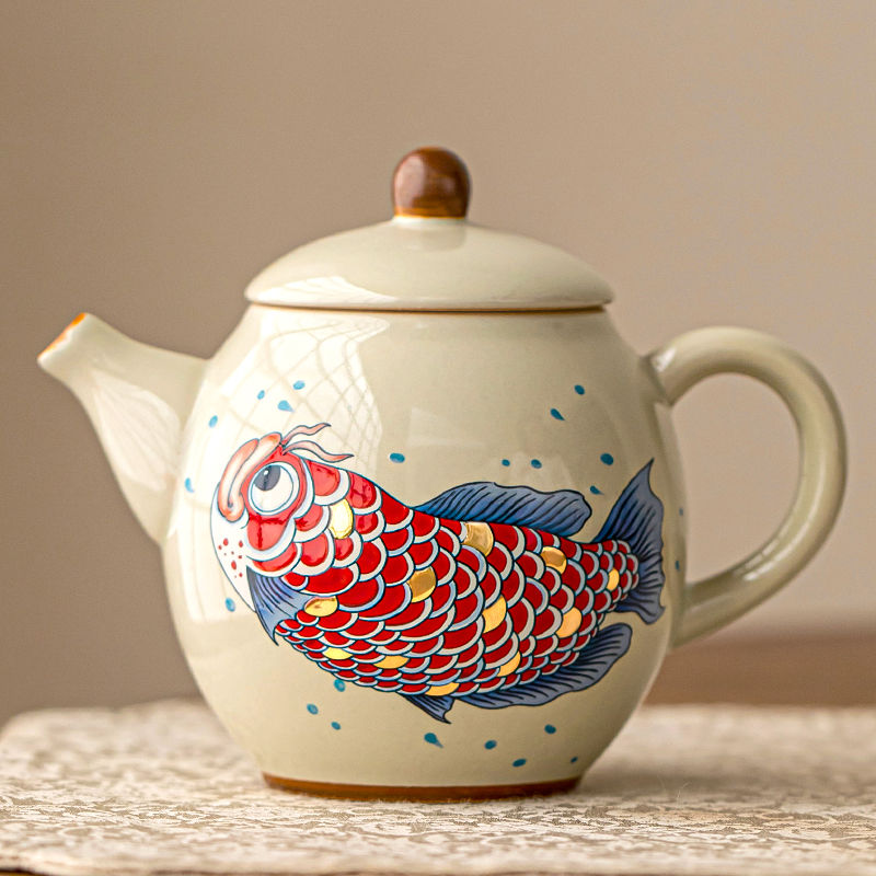 Handcrafted Ash Glaze Gold Dragonfish Teapot - Elegant and Durable Ceramic Teaware