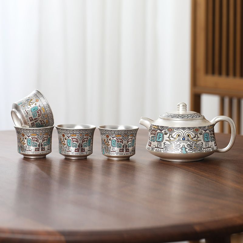 Luxurious 999 Silver Tea Set - Elegant Taotie Design, Perfect Gift