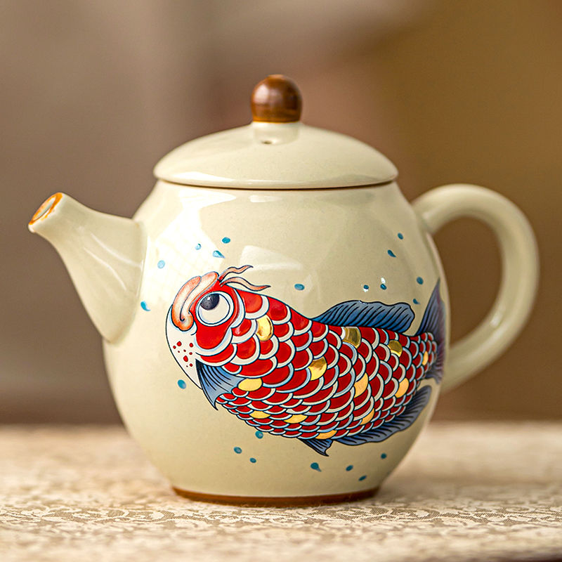 Handcrafted Ash Glaze Gold Dragonfish Teapot - Elegant and Durable Ceramic Teaware